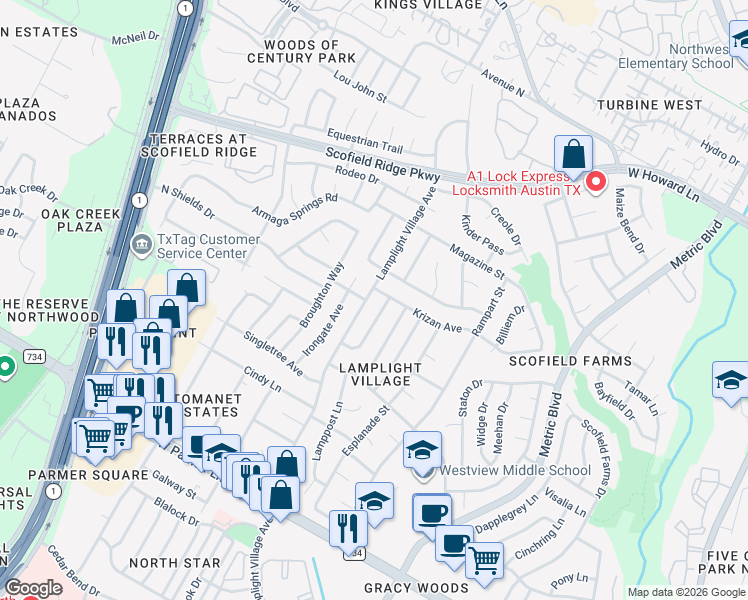 map of restaurants, bars, coffee shops, grocery stores, and more near 13003 Lamplight Village Avenue in Austin