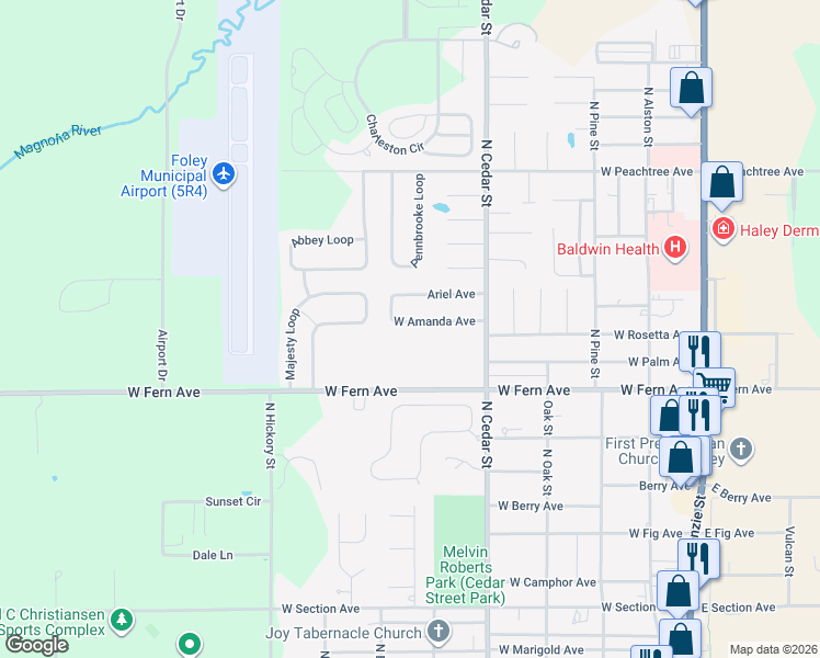 map of restaurants, bars, coffee shops, grocery stores, and more near 521 Ariel Avenue in Foley
