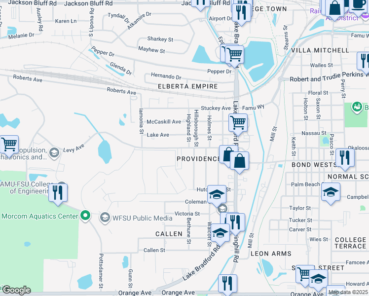 map of restaurants, bars, coffee shops, grocery stores, and more near 1517 Levy Avenue in Tallahassee