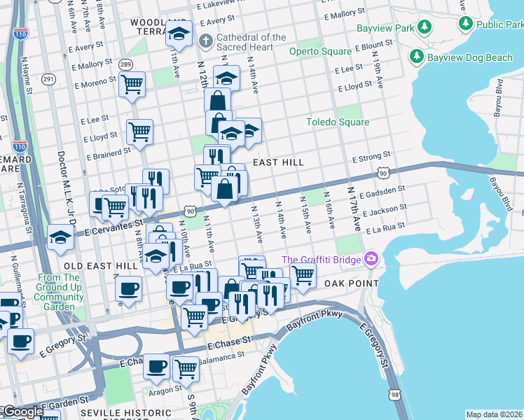 map of restaurants, bars, coffee shops, grocery stores, and more near 1301 East Gadsden Street in Pensacola