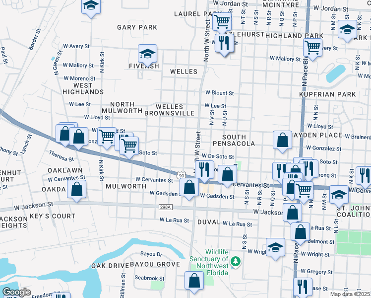 map of restaurants, bars, coffee shops, grocery stores, and more near 911 North W Street in Pensacola