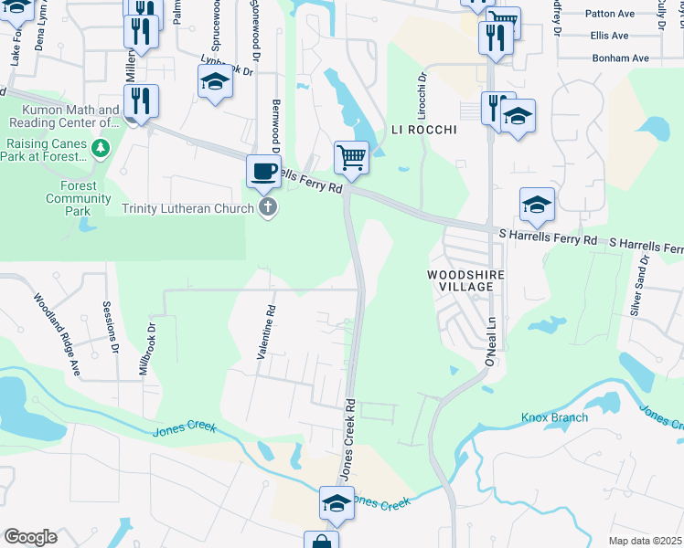 map of restaurants, bars, coffee shops, grocery stores, and more near 15450 Terrell Road in Baton Rouge