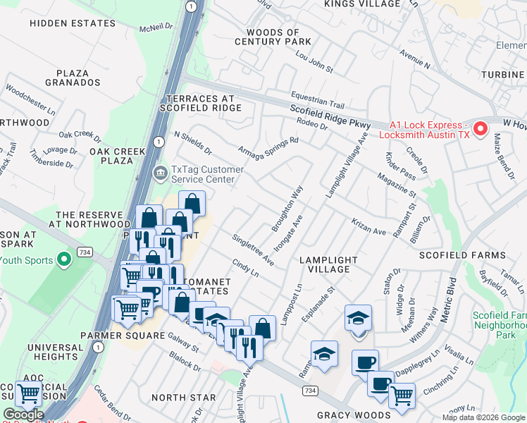 map of restaurants, bars, coffee shops, grocery stores, and more near 12818 Copper Cliff Avenue in Austin