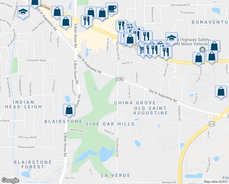 map of restaurants, bars, coffee shops, grocery stores, and more near 1520 Keily Run in Tallahassee
