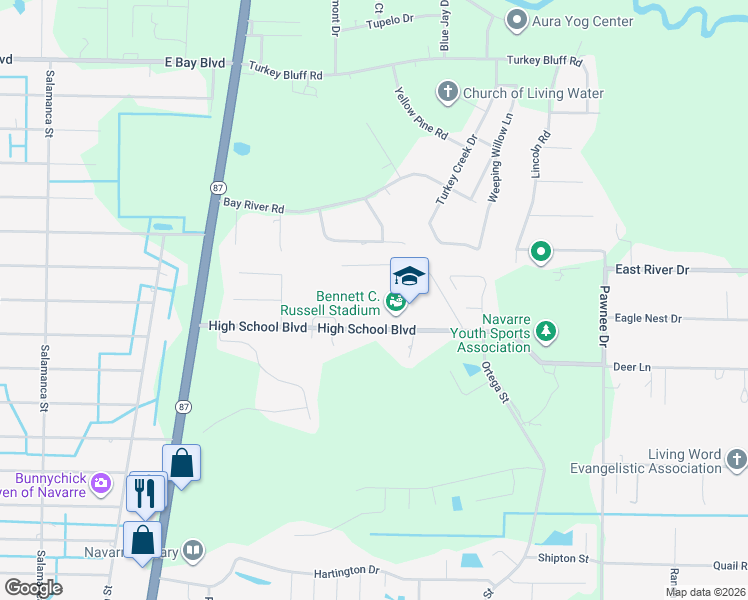 map of restaurants, bars, coffee shops, grocery stores, and more near 8600 High School Boulevard in Navarre