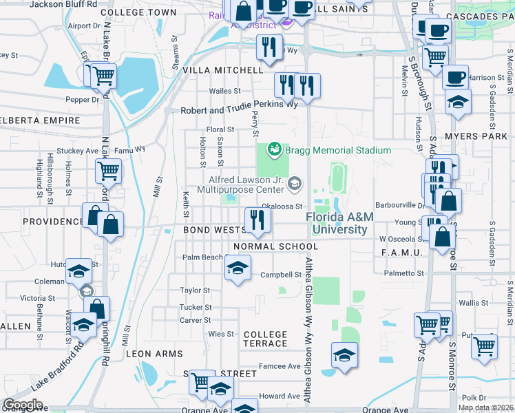map of restaurants, bars, coffee shops, grocery stores, and more near 1999 Perry Street in Tallahassee