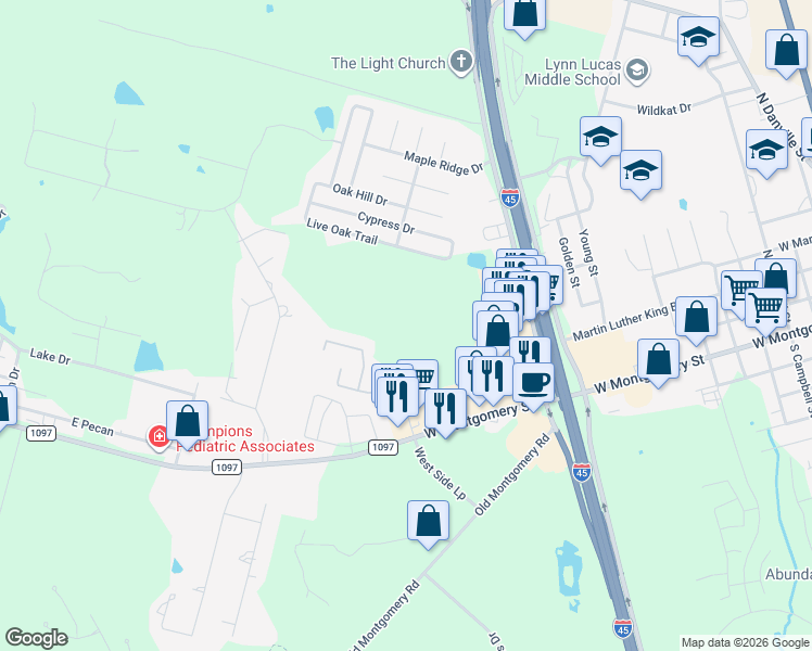 map of restaurants, bars, coffee shops, grocery stores, and more near 12575 Canyon Falls Boulevard in Willis
