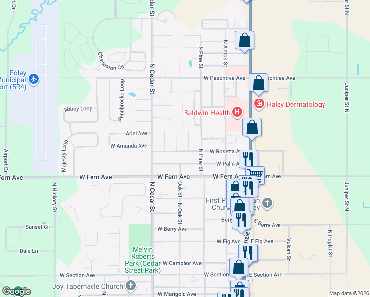 map of restaurants, bars, coffee shops, grocery stores, and more near 1501 Dogwood Lane in Foley