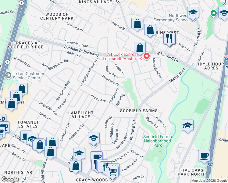 map of restaurants, bars, coffee shops, grocery stores, and more near 1903 Elysian Fields in Austin