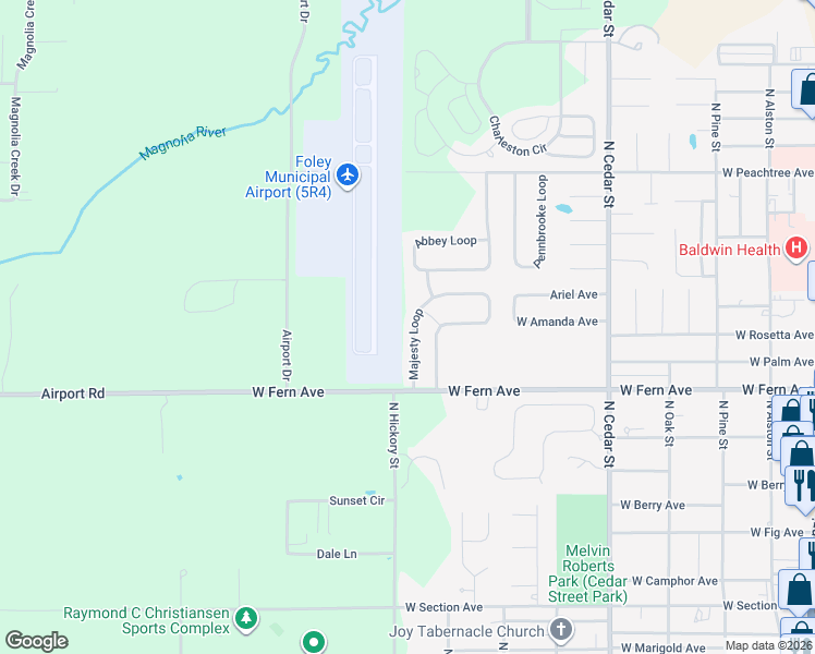 map of restaurants, bars, coffee shops, grocery stores, and more near 1363 Majesty Loop in Foley