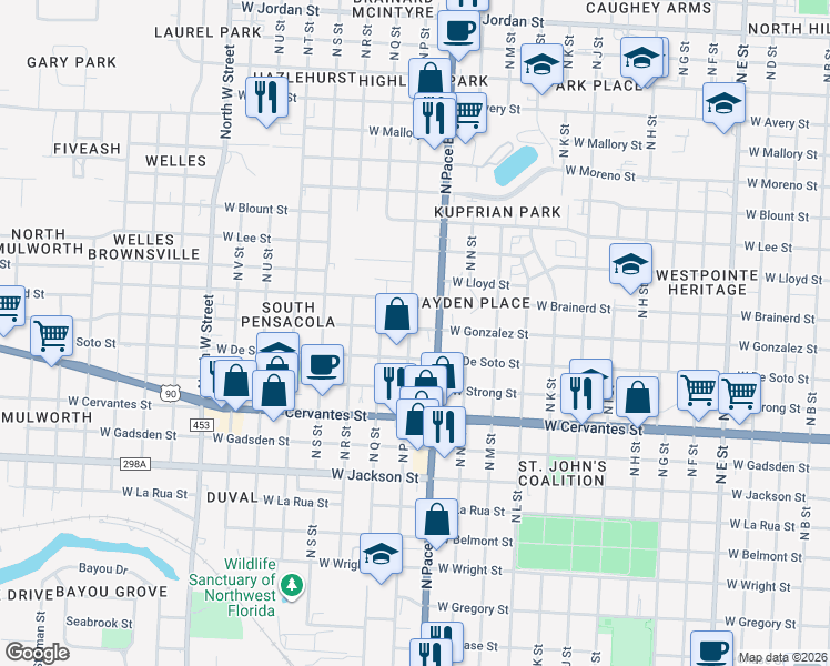 map of restaurants, bars, coffee shops, grocery stores, and more near 2106 West De Soto Street in Pensacola