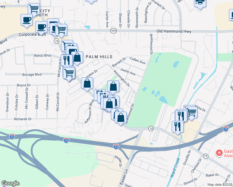 map of restaurants, bars, coffee shops, grocery stores, and more near 7954C Wrenwood Boulevard in Baton Rouge