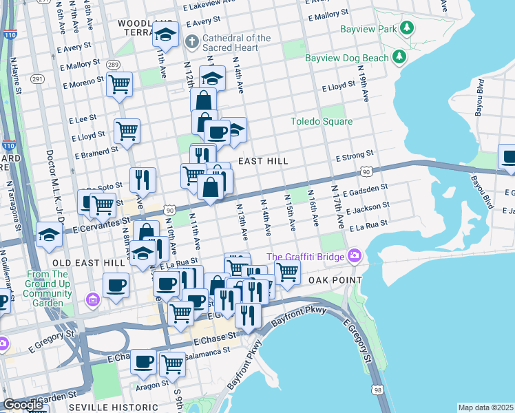 map of restaurants, bars, coffee shops, grocery stores, and more near 1322 East Gadsden Street in Pensacola