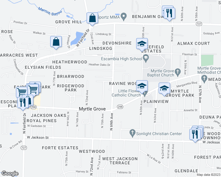 map of restaurants, bars, coffee shops, grocery stores, and more near 1103 North 69th Avenue in Pensacola