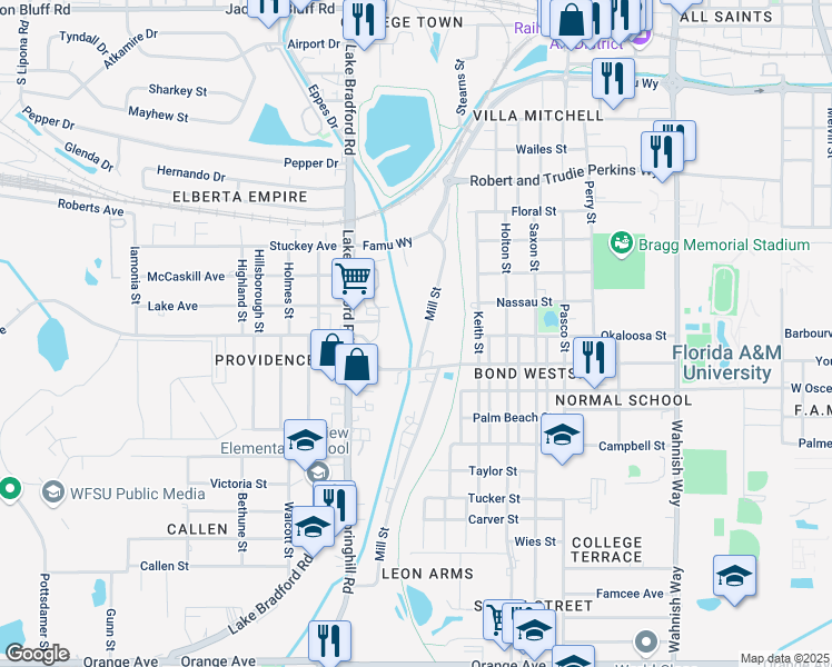 map of restaurants, bars, coffee shops, grocery stores, and more near 1872 Mill Street in Tallahassee