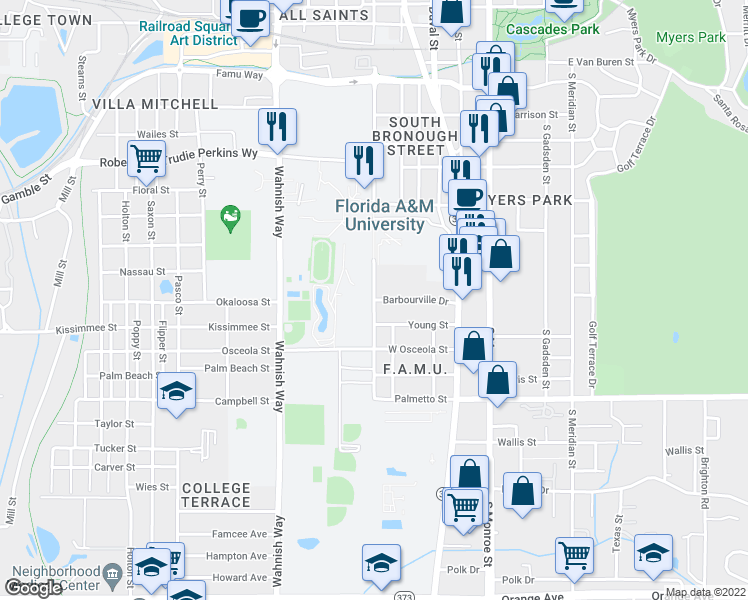 map of restaurants, bars, coffee shops, grocery stores, and more near 308 Young Street in Tallahassee
