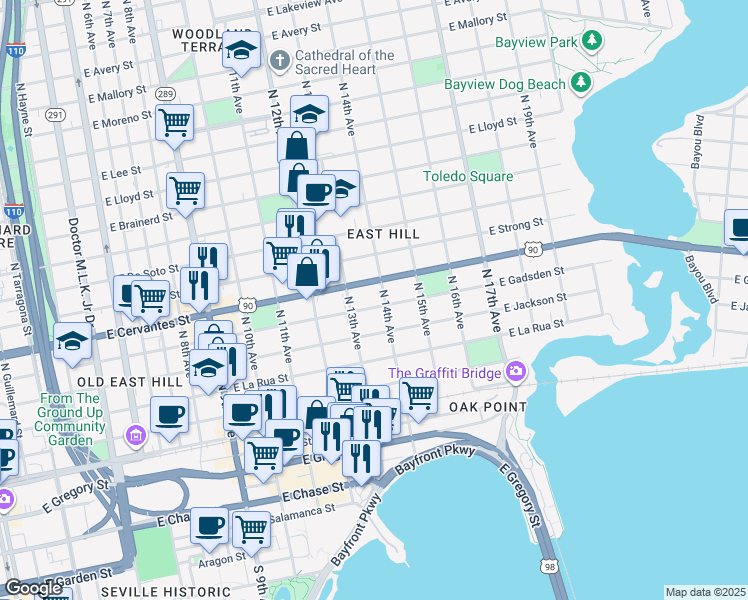 map of restaurants, bars, coffee shops, grocery stores, and more near 1300 East Gadsden Street in Pensacola