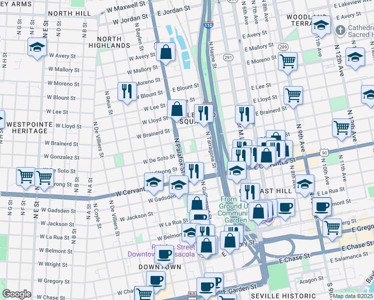 map of restaurants, bars, coffee shops, grocery stores, and more near 918 North Palafox Street in Pensacola