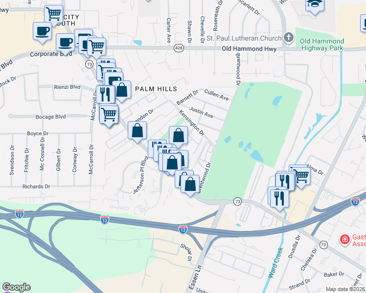 map of restaurants, bars, coffee shops, grocery stores, and more near 7954C Wrenwood Boulevard in Baton Rouge