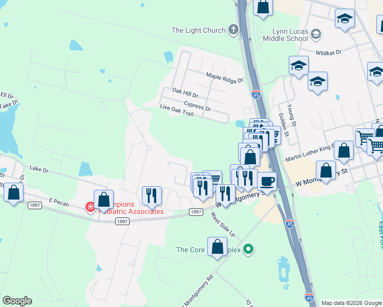 map of restaurants, bars, coffee shops, grocery stores, and more near 12540 Canyon Hill Drive in Willis