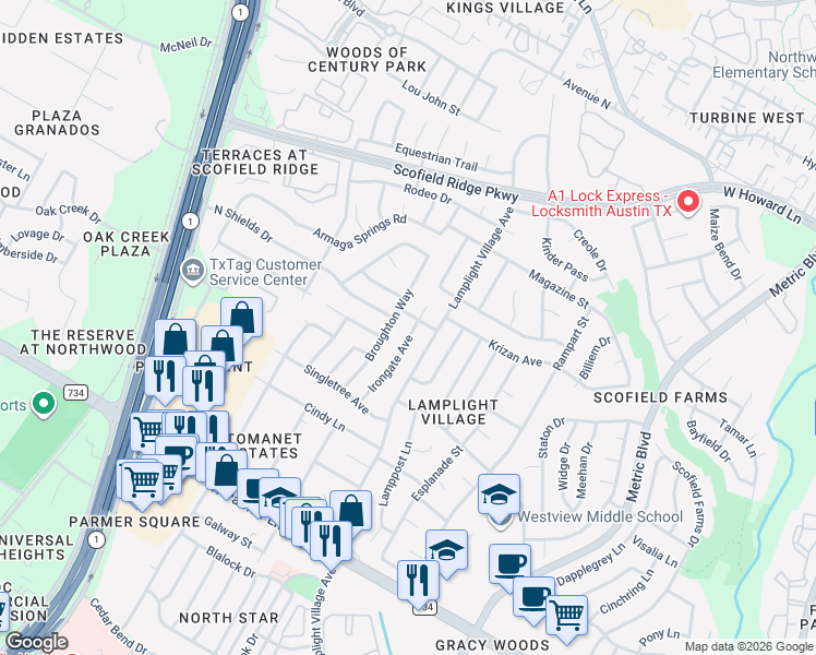 map of restaurants, bars, coffee shops, grocery stores, and more near 12910 Irongate Avenue in Austin