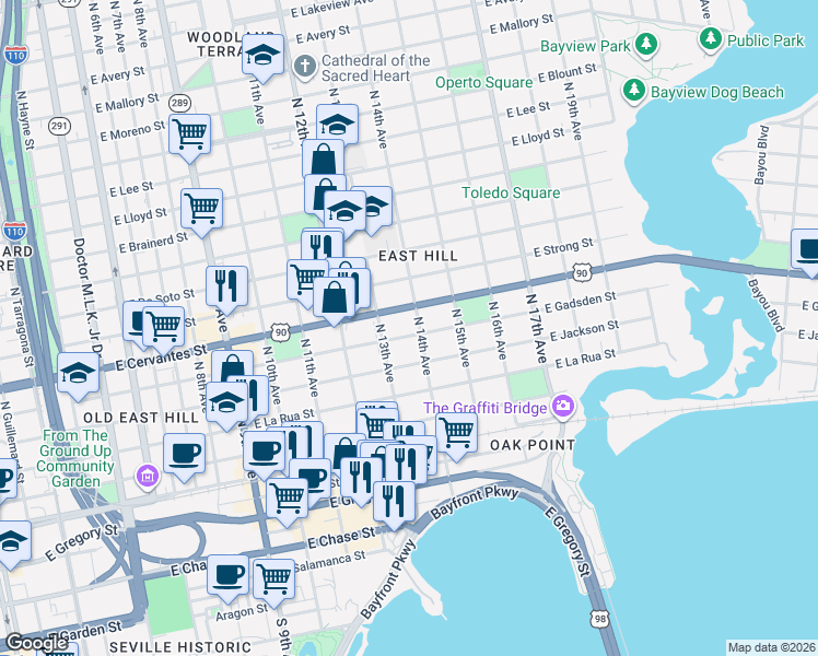 map of restaurants, bars, coffee shops, grocery stores, and more near 1322 East Gadsden Street in Pensacola
