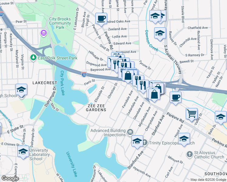 map of restaurants, bars, coffee shops, grocery stores, and more near 2215 Hollydale Avenue in Baton Rouge