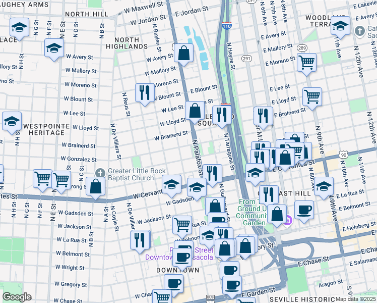 map of restaurants, bars, coffee shops, grocery stores, and more near 920 North Baylen Street in Pensacola
