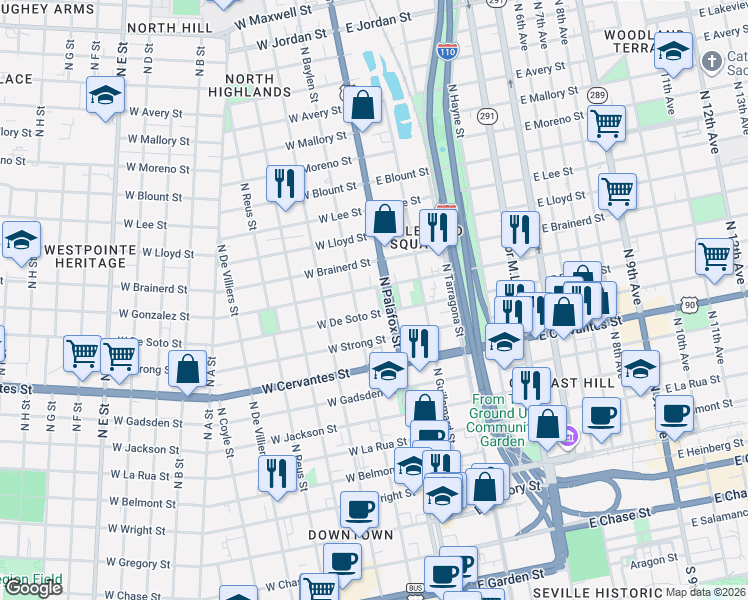 map of restaurants, bars, coffee shops, grocery stores, and more near 1011 North Palafox Street in Pensacola