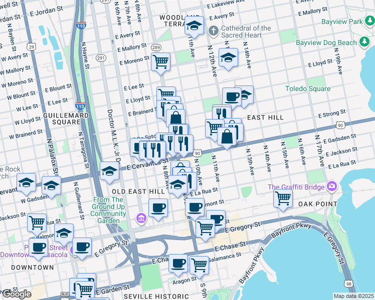 map of restaurants, bars, coffee shops, grocery stores, and more near 918 East Cervantes Street in Pensacola