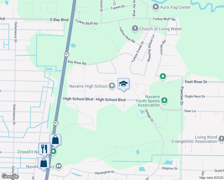 map of restaurants, bars, coffee shops, grocery stores, and more near 8600 High School Boulevard in Navarre