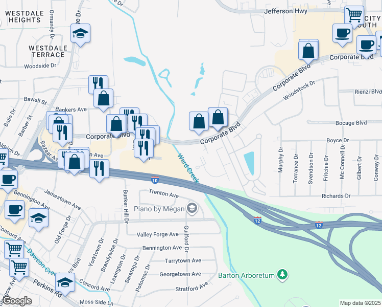 map of restaurants, bars, coffee shops, grocery stores, and more near 6250 Corporate Boulevard in Baton Rouge