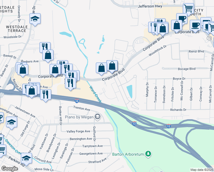 map of restaurants, bars, coffee shops, grocery stores, and more near 2530 Gates Circle in Baton Rouge