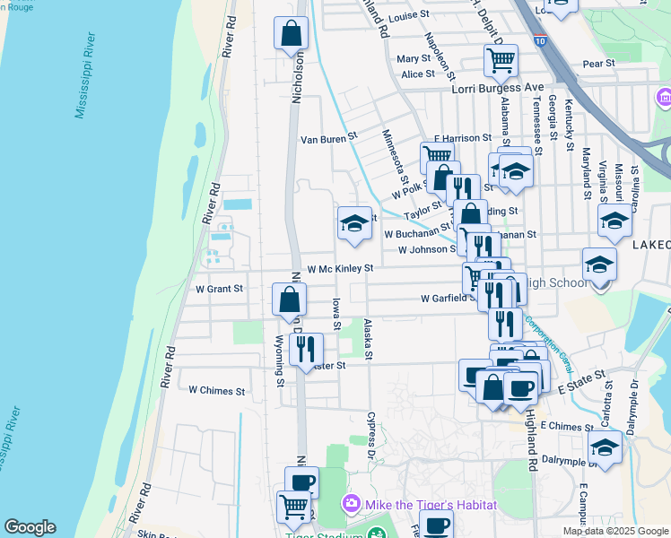 map of restaurants, bars, coffee shops, grocery stores, and more near 800 West Mc Kinley Street in Baton Rouge