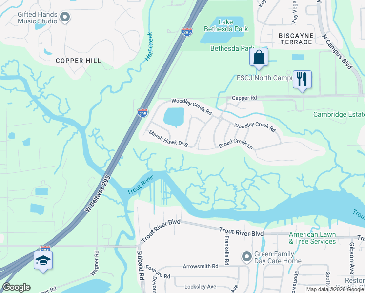 map of restaurants, bars, coffee shops, grocery stores, and more near 4344 Marsh Hawk Drive South in Jacksonville