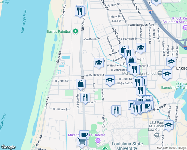 map of restaurants, bars, coffee shops, grocery stores, and more near 800 West Mc Kinley Street in Baton Rouge