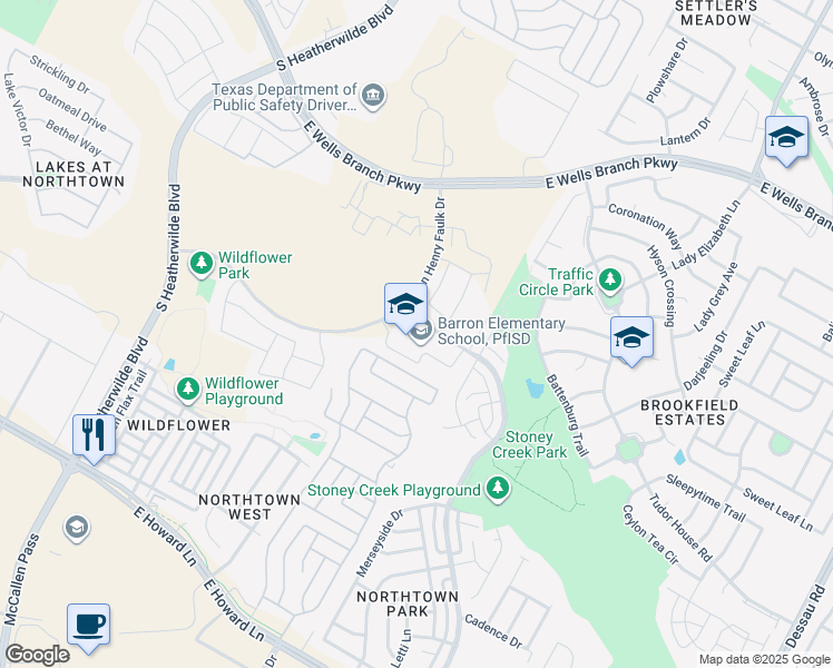 map of restaurants, bars, coffee shops, grocery stores, and more near 14850 Harris Ridge Boulevard in Pflugerville
