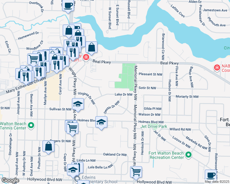 map of restaurants, bars, coffee shops, grocery stores, and more near 324 Lake Drive Northwest in Fort Walton Beach