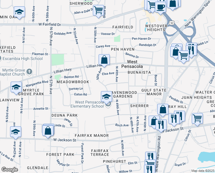 map of restaurants, bars, coffee shops, grocery stores, and more near 1003 50th Avenue in Pensacola