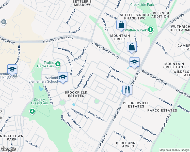 map of restaurants, bars, coffee shops, grocery stores, and more near 1412 Morning Mist Lane in Pflugerville