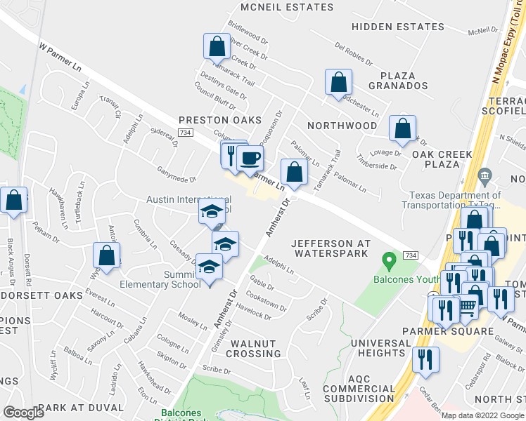 map of restaurants, bars, coffee shops, grocery stores, and more near 4001 West Parmer Lane in Austin