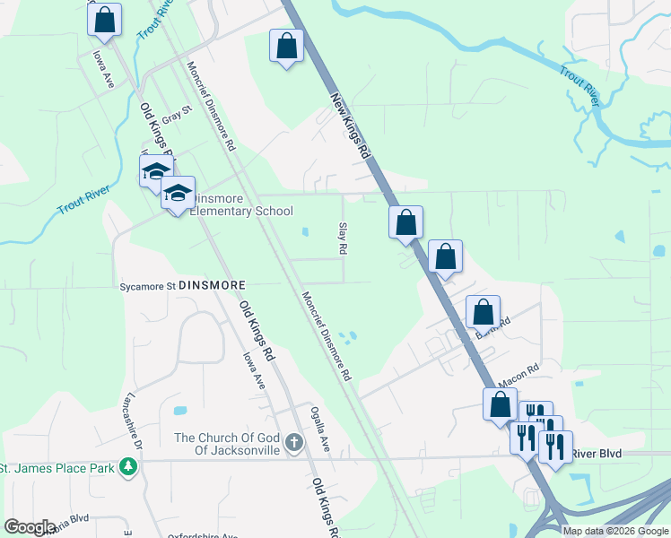 map of restaurants, bars, coffee shops, grocery stores, and more near 6850 Sycamore Street in Jacksonville