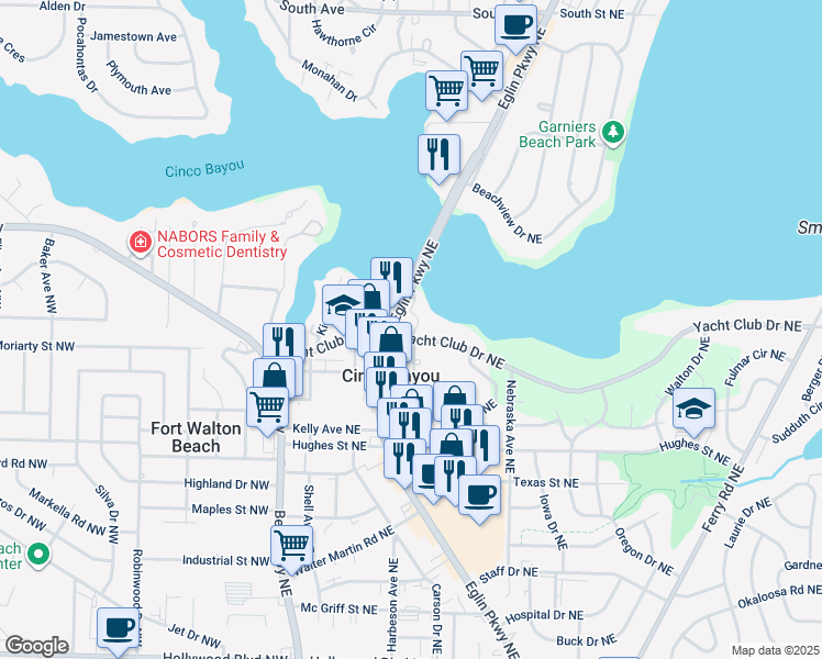 map of restaurants, bars, coffee shops, grocery stores, and more near 239 Troy Street Northeast in Fort Walton Beach