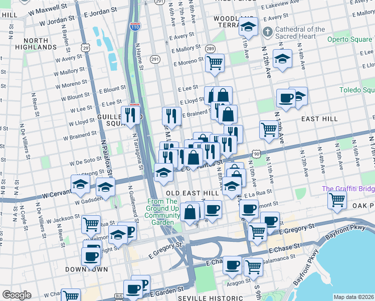 map of restaurants, bars, coffee shops, grocery stores, and more near 475 East Strong Street in Pensacola