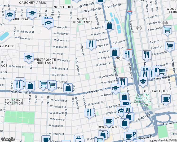 map of restaurants, bars, coffee shops, grocery stores, and more near 1015 North Reus Street in Pensacola