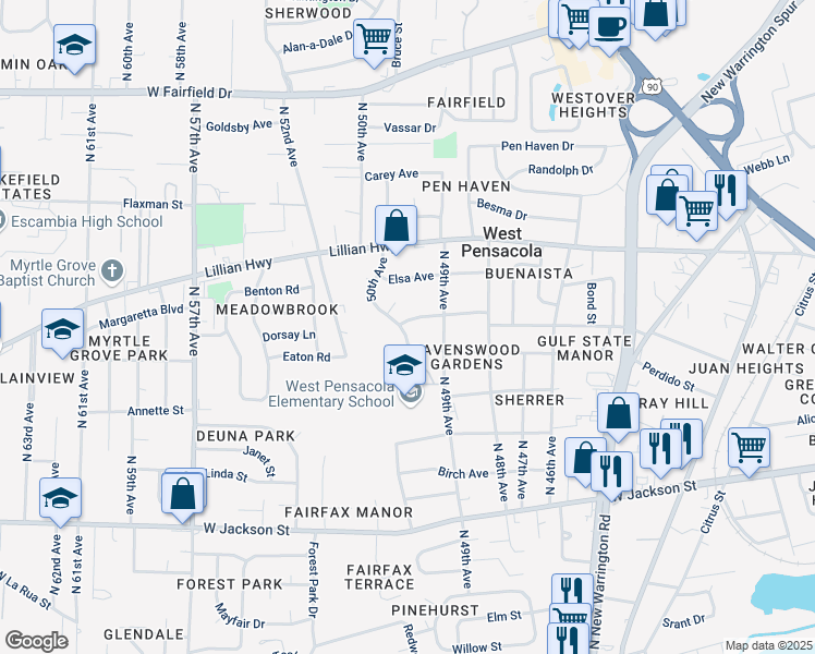 map of restaurants, bars, coffee shops, grocery stores, and more near 1003 50th Avenue in Pensacola