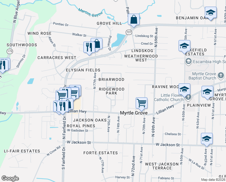 map of restaurants, bars, coffee shops, grocery stores, and more near 903 North 74th Avenue in Pensacola