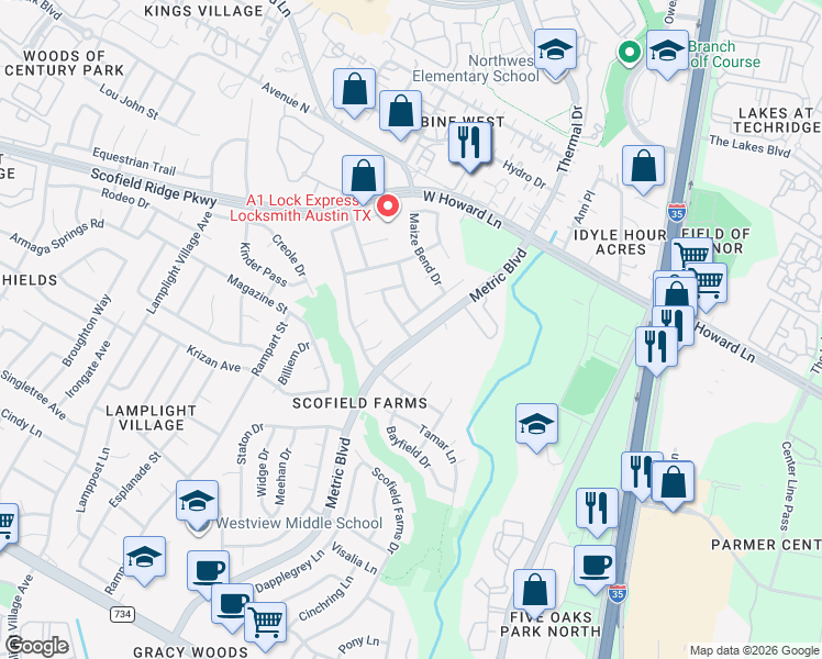 map of restaurants, bars, coffee shops, grocery stores, and more near 1633 Chasewood Drive in Austin