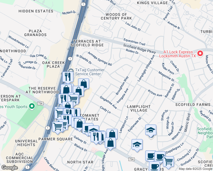 map of restaurants, bars, coffee shops, grocery stores, and more near 12808 Chromite Street in Austin