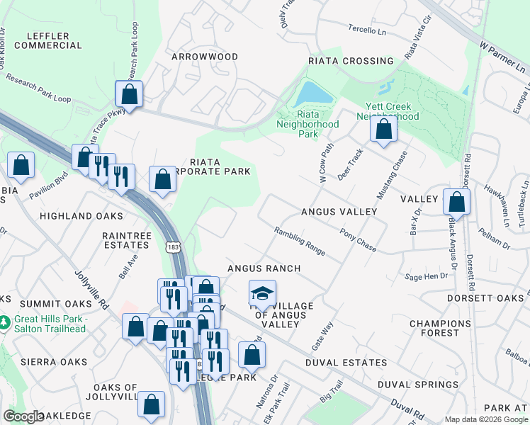 map of restaurants, bars, coffee shops, grocery stores, and more near 12010 West Cow Path in Austin